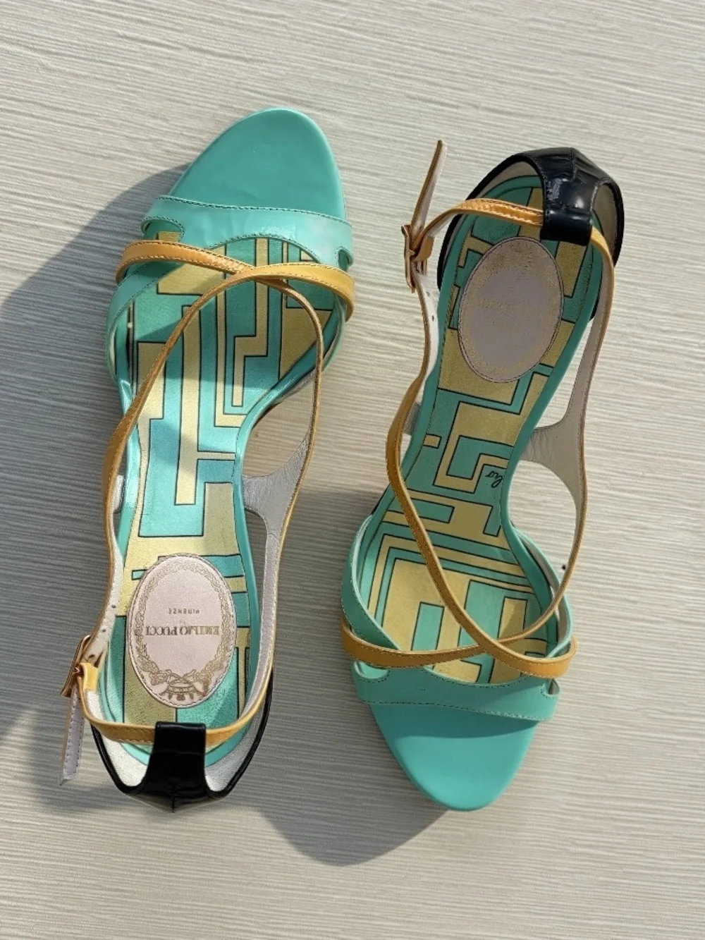 Emilio Pucci Archive Turquoise Gold Leather Sandals EU 36.5 Italy Y2K